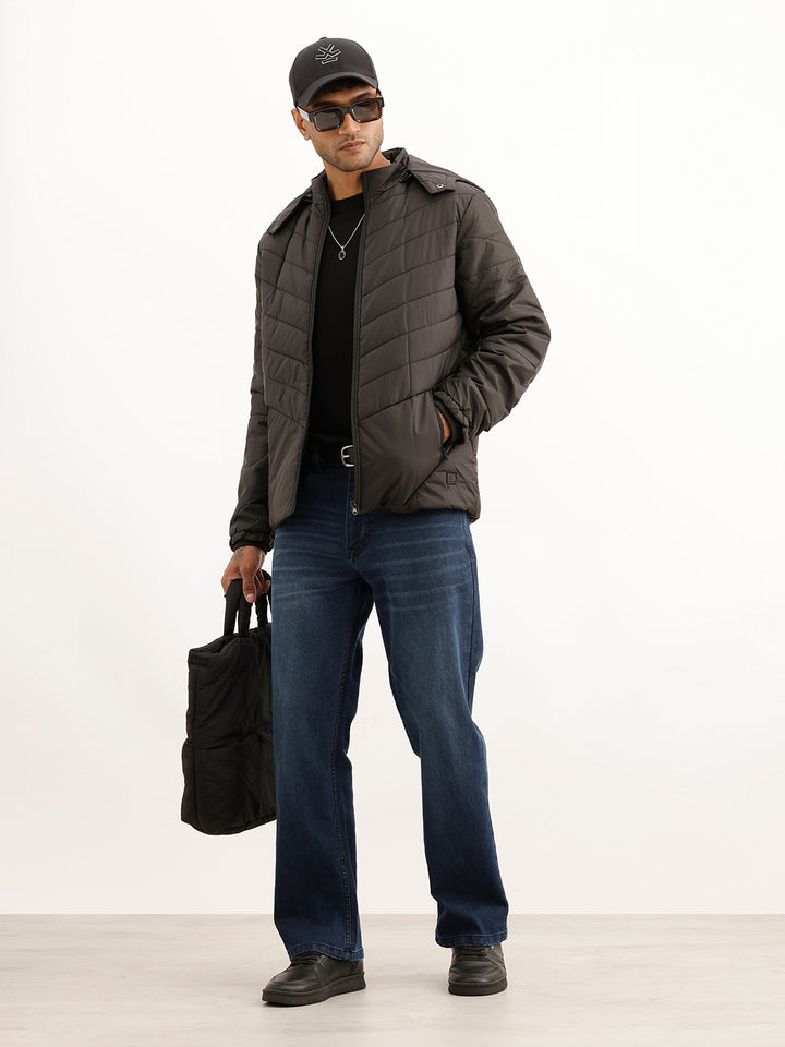 Solid Regular Fit Hooded Puffer Jacket | Black