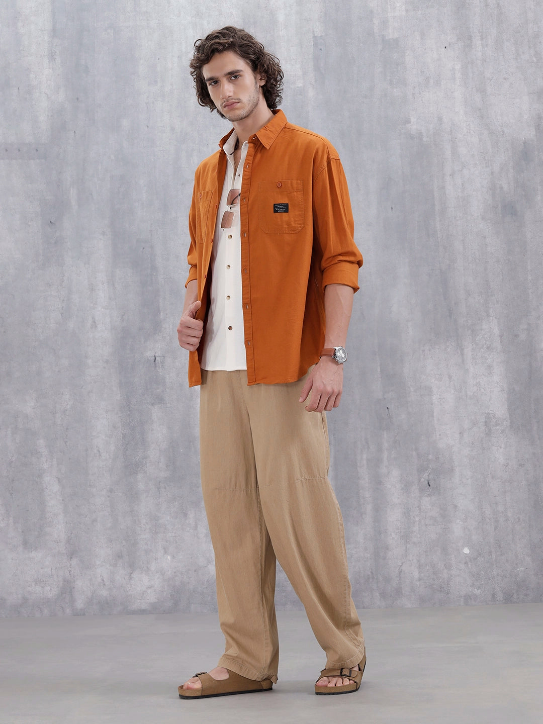 Men's Casual Solid Double Pocket Oversized Fit Shirt | Orange