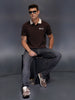 Men's slim-fit polo tee with contrast collar & graphic chest print | Brown