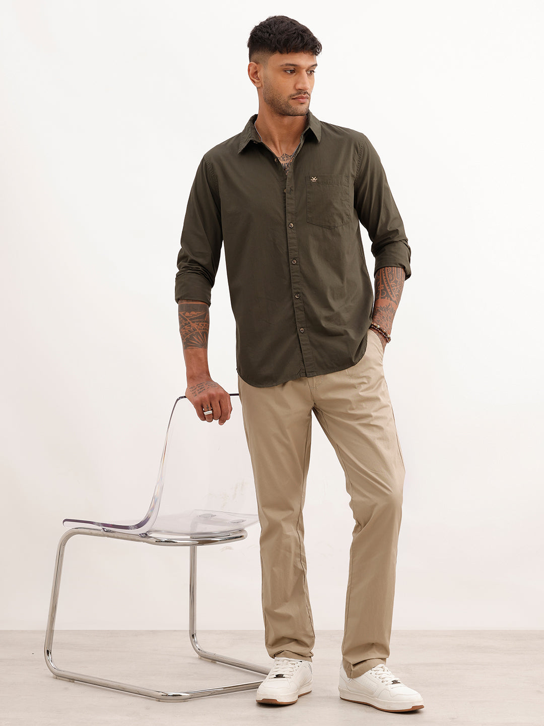 Solid Regular Fit Full Sleeve Shirt | Dark Green