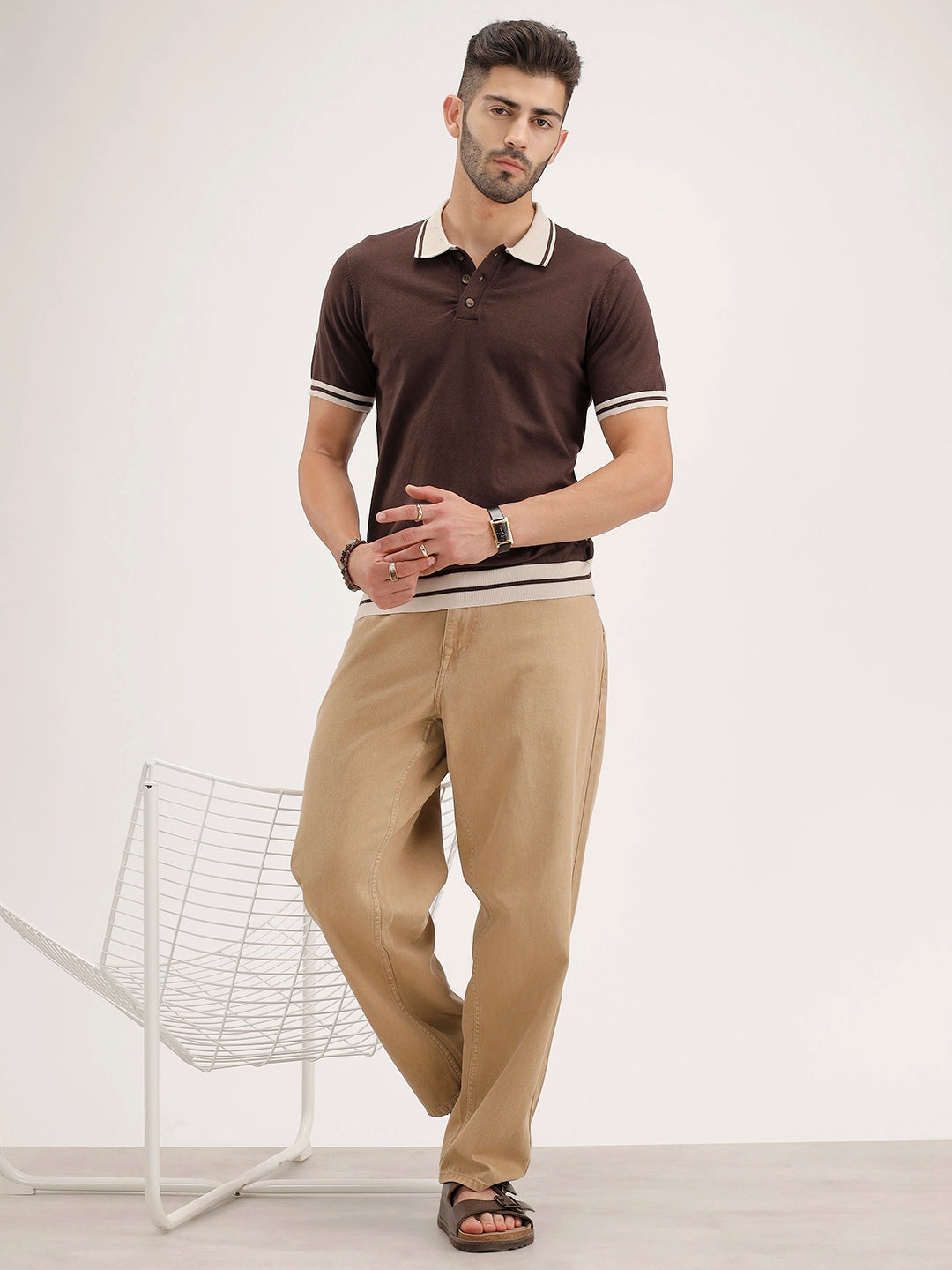 Slim Fit Flat Knit Polo T-Shirt | Brown