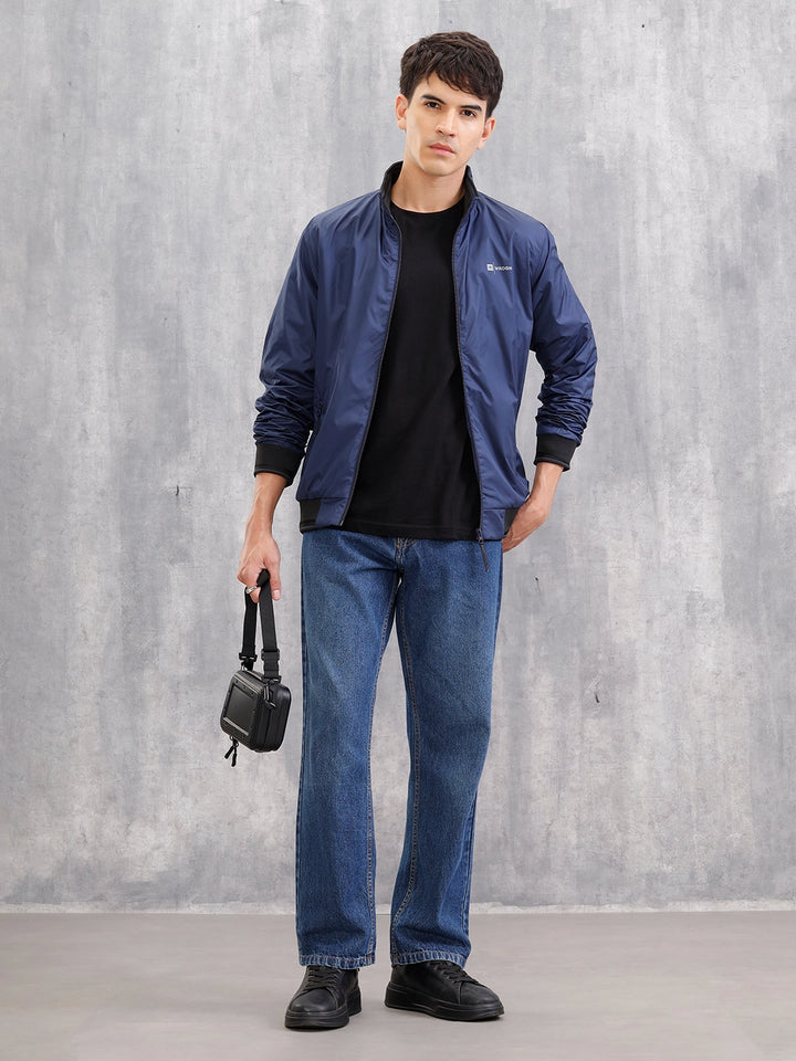 Regular Fit Full Zip High Neck Jacket | Blue