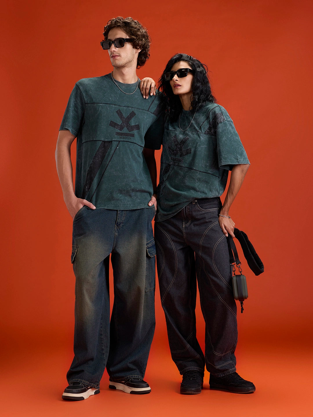 Washed Cut& Sew Graphic Printed Oversized Fit T-Shirt | Dark Green