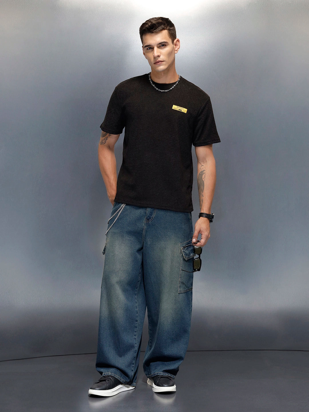 Textured Men's Casual Regualr Fit T-Shirt | Black