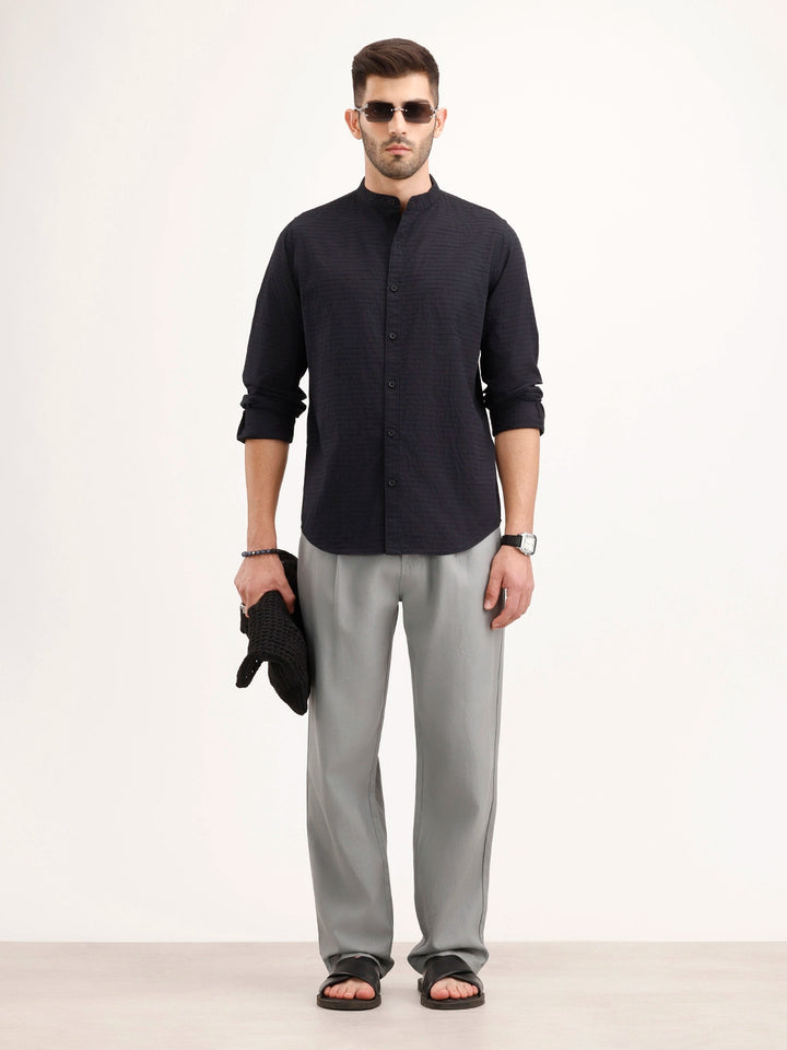 Regular Fit Mandarin Collar Textured Shirt | Black