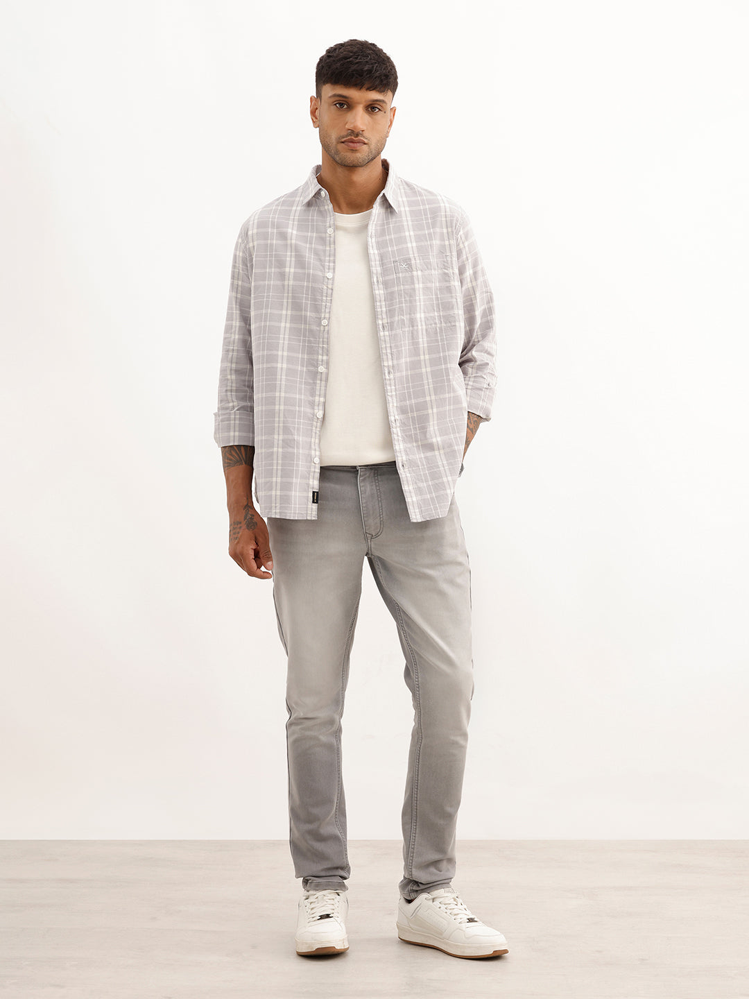 Slim Fit Checkered Full Sleeve Shirt | Grey