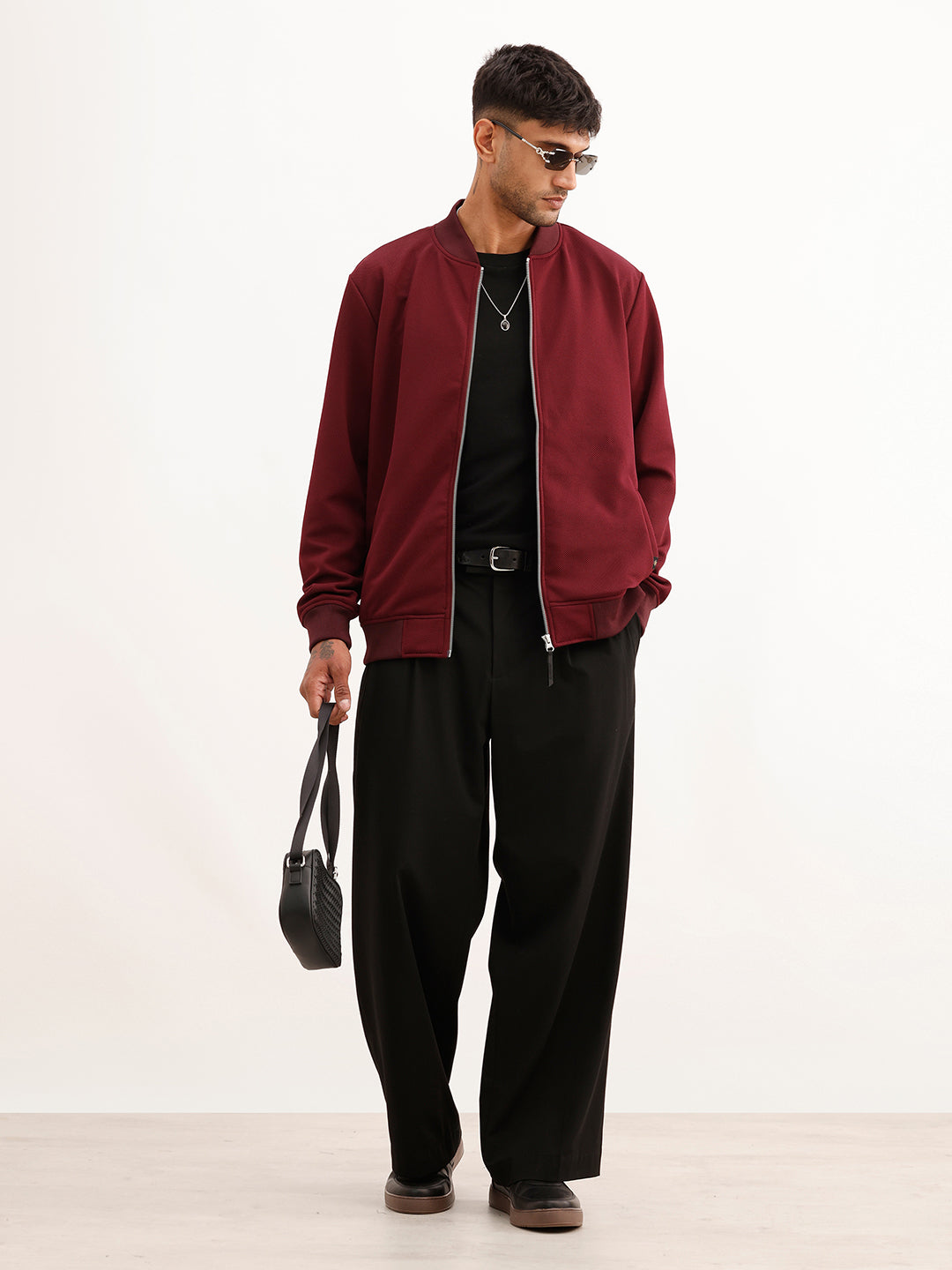 Solid Slim Fit Zipper Jacket | Wine