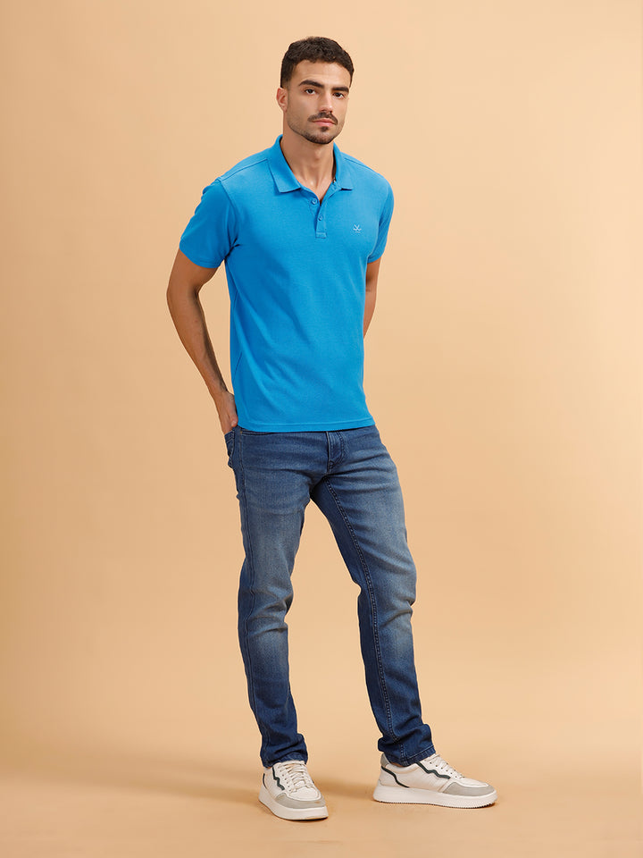 Tonal Logo Printed Slim Fit Polo T-Shirt I Blue