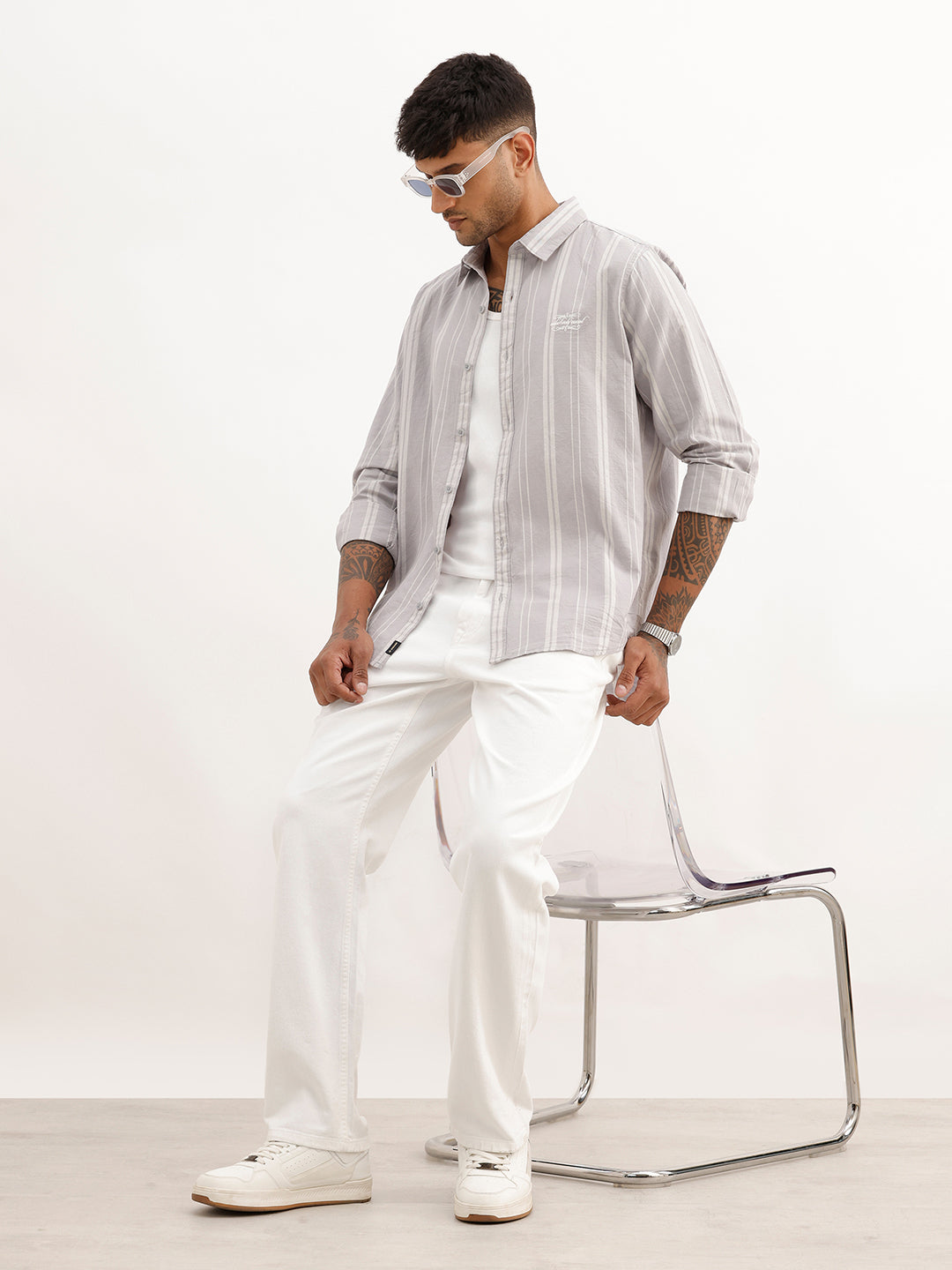 Slim Fit Striped Embroidered Detail Shirt | Grey