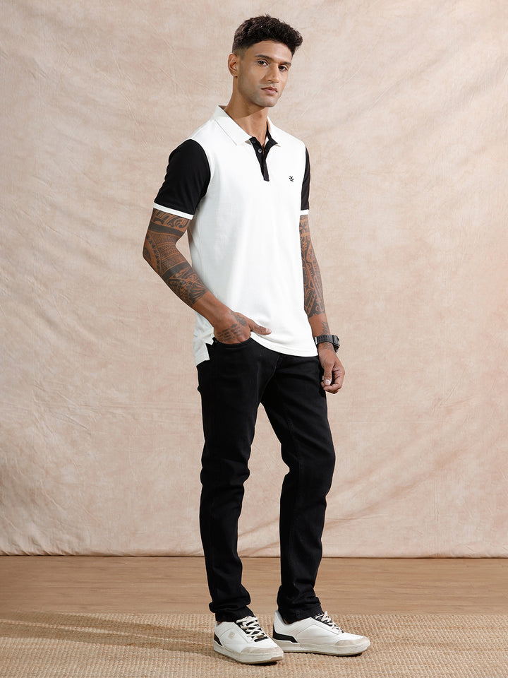 Colour Blocked Polo T-Shirt | White & Black