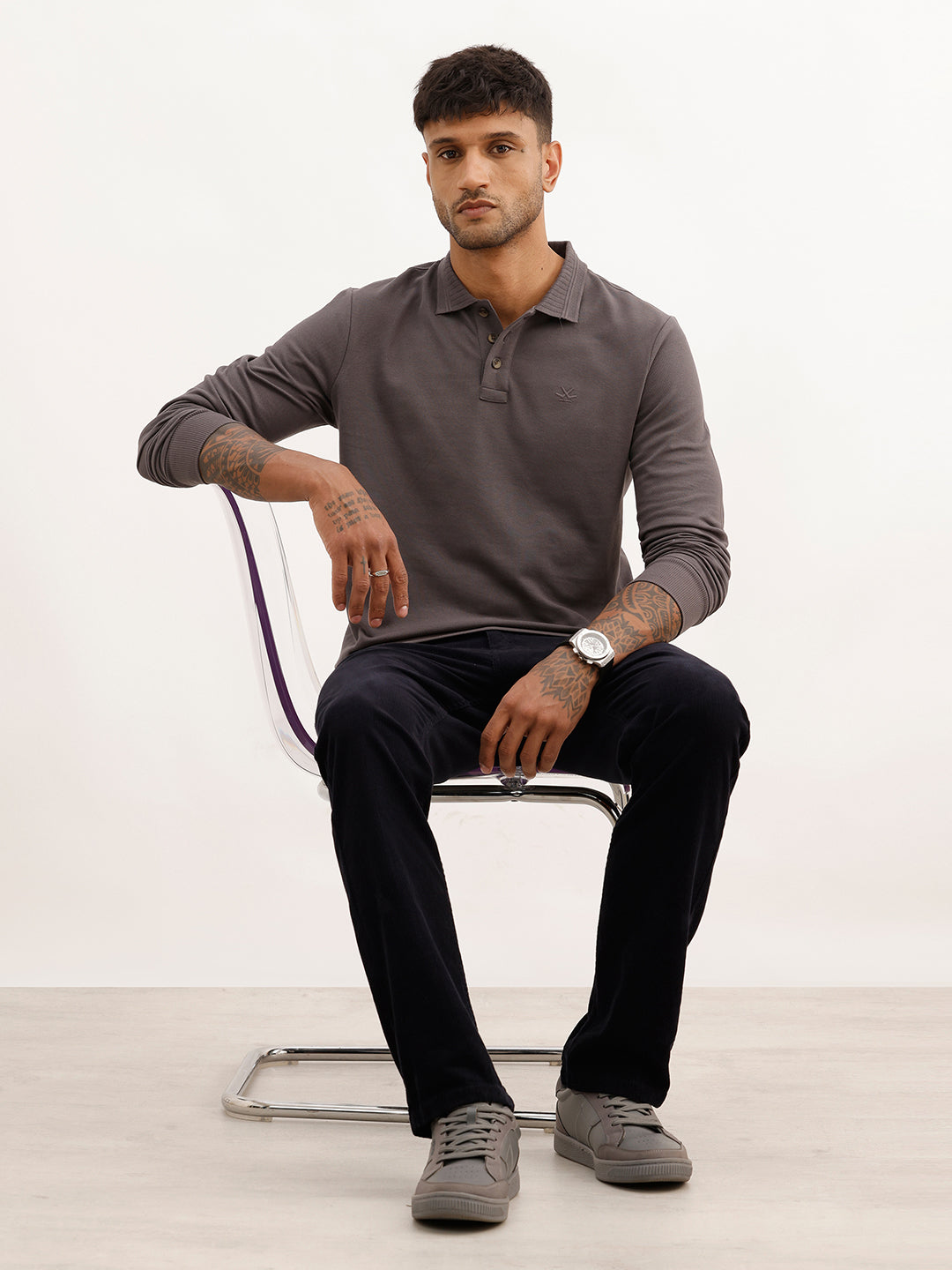 Solid Slim Fit Full Sleeve Polo T-Shirt | Dark Grey | WPT02FSSL1606S