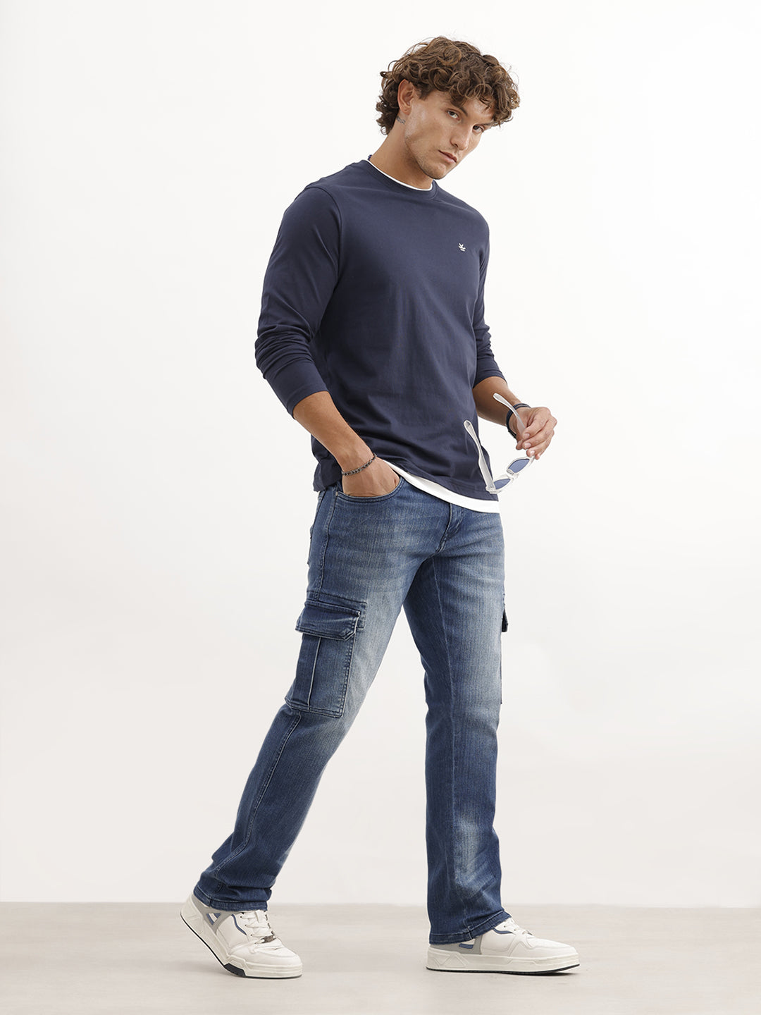 Textured Straight Fit Denim Cargo | Light Blue