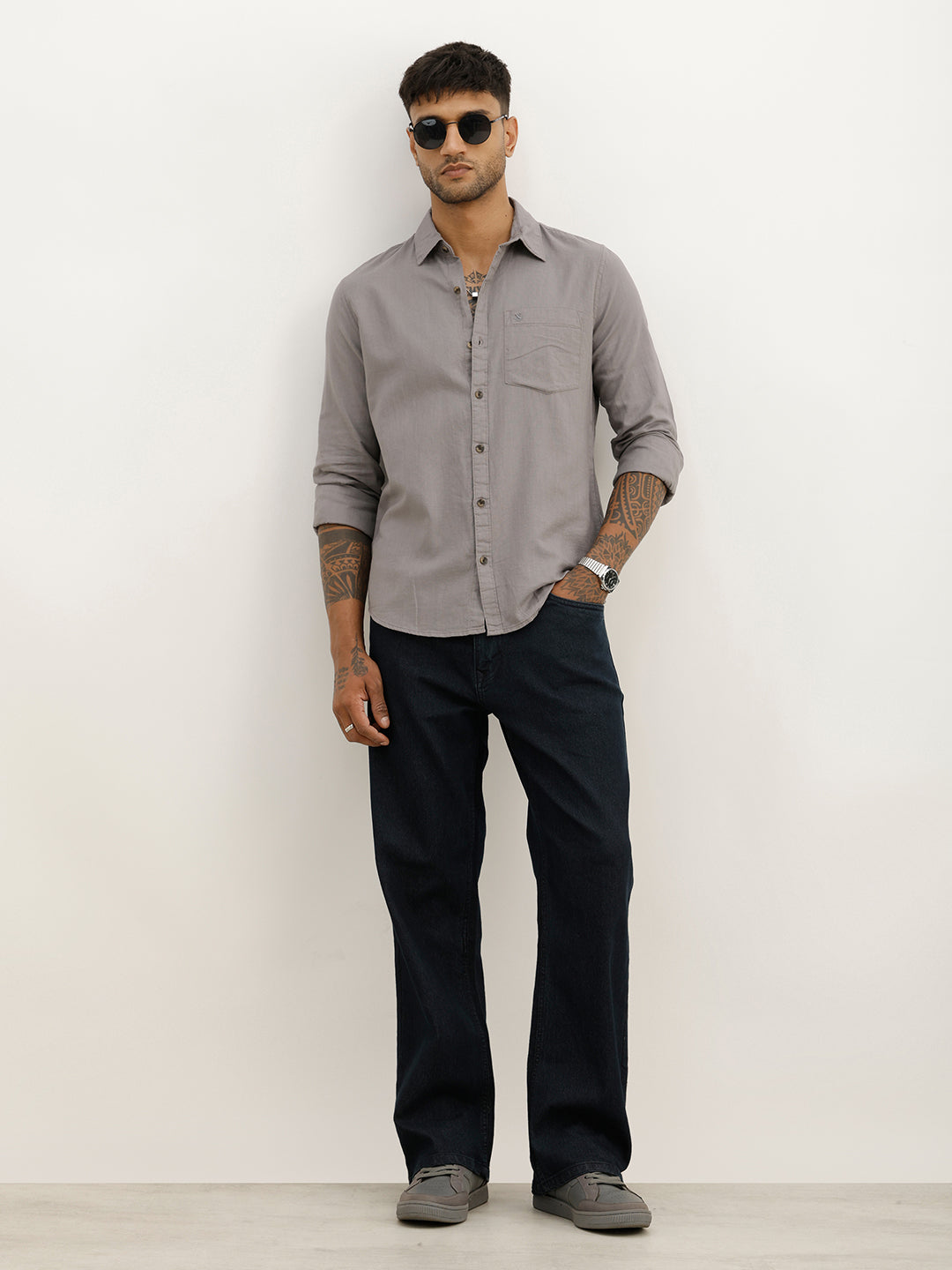 Solid Regular Fit Full Sleeve Shirt | Grey