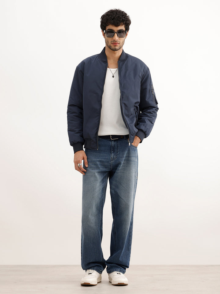 Solid Comfort Fit Puffer Bomber Jacket | Blue