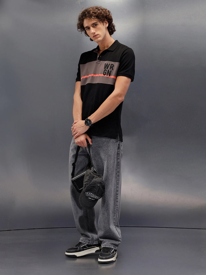Cut&Sew Polo Collar Half Sleeve T-Shirt | Black