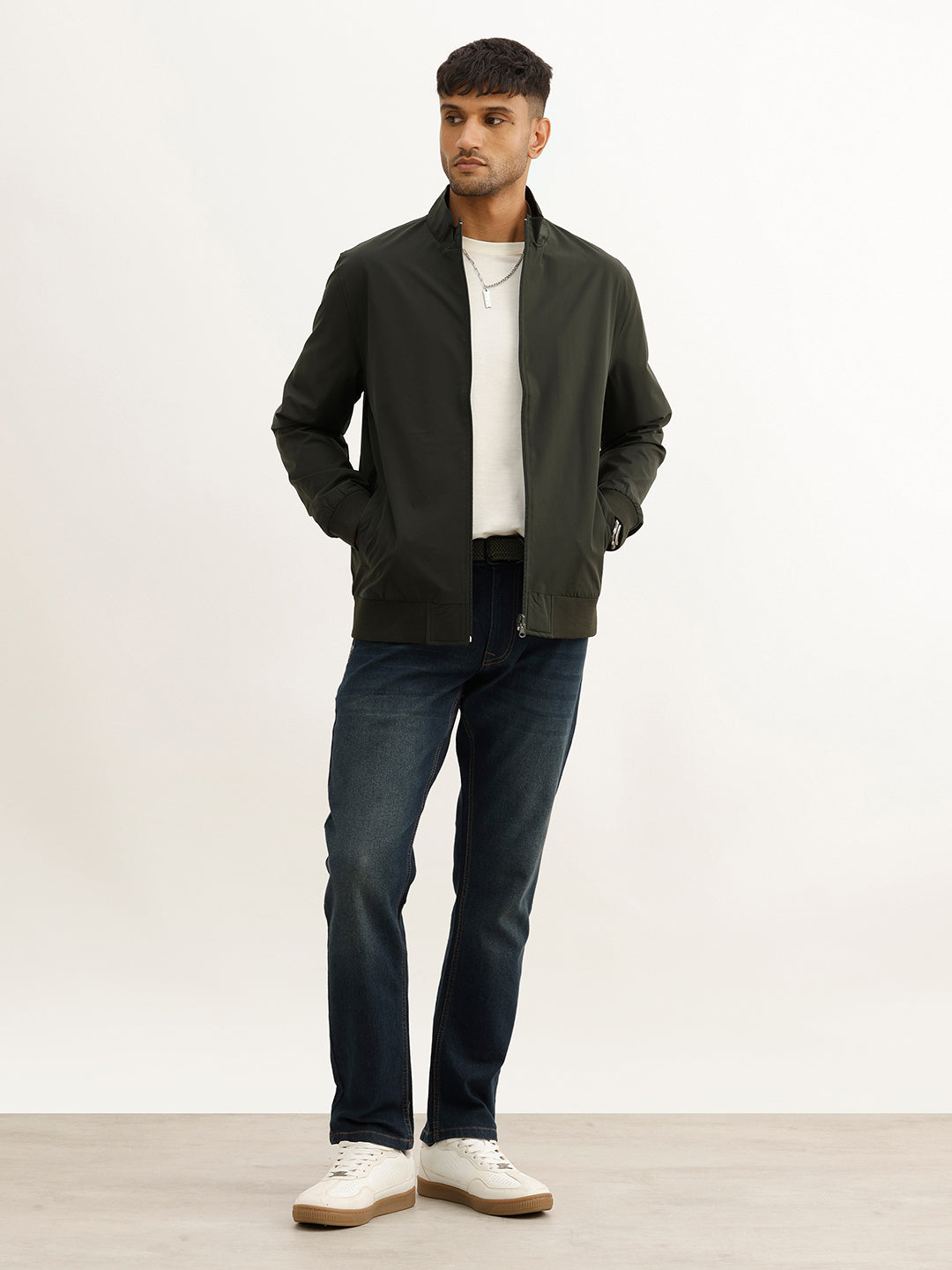 Solid Regular Fit Zipper Jacket | Olive