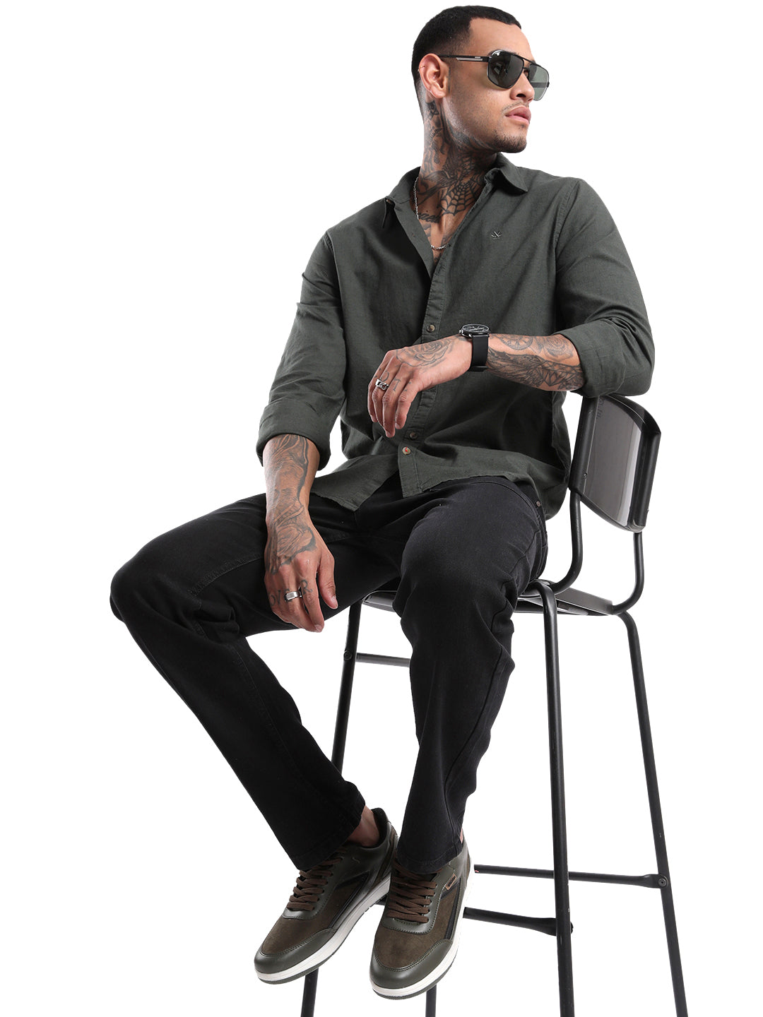 Solid Olive Cotton Linen Shirt