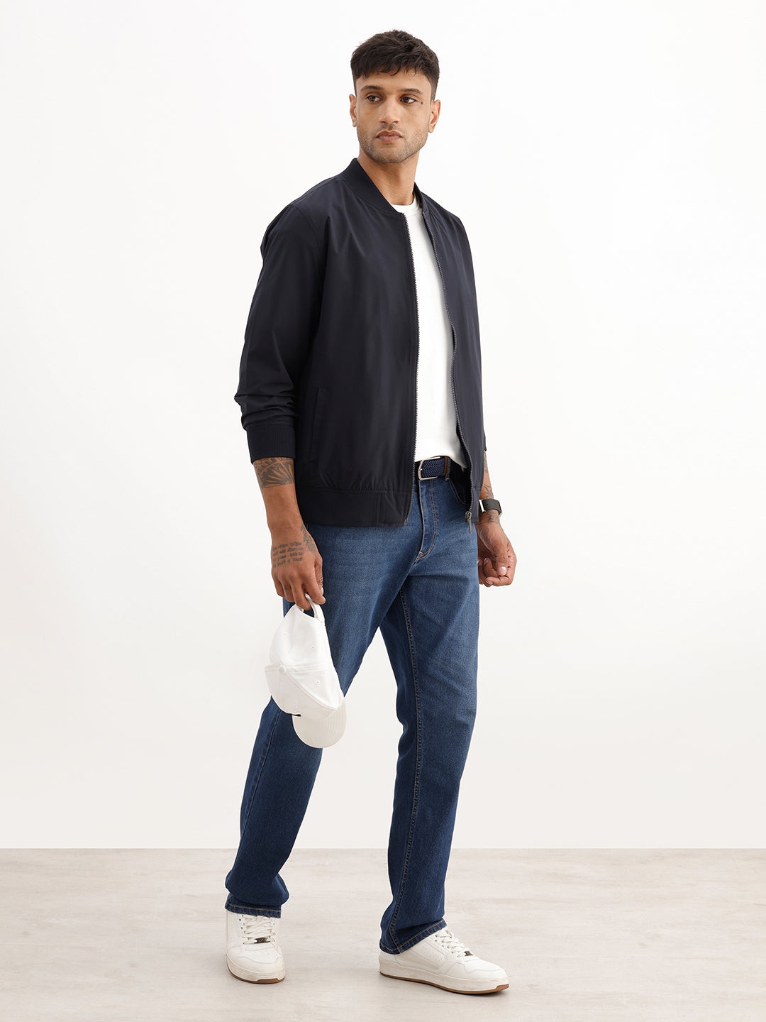 Solid Regular Fit Zipper Jacket | Navy Blue