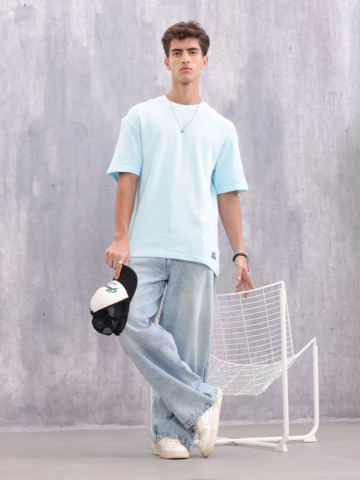 Waffle Textured Clean Look Oversized Fit T-shirt | Light Blue