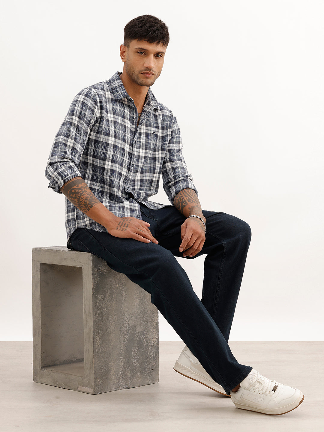Slim Fit Checkered Full Sleeve Shirt | Blue