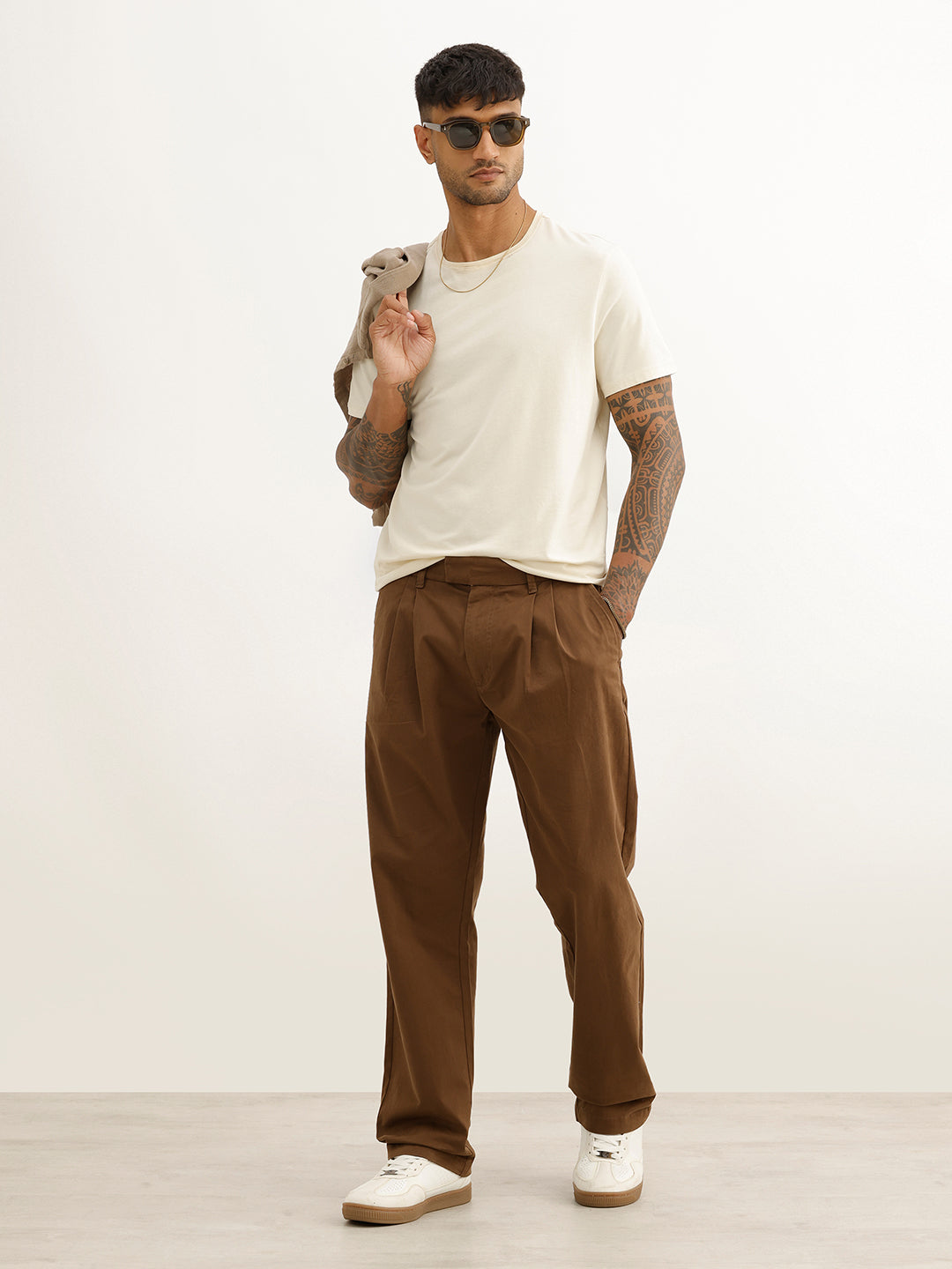 Solid Anti Fit Double Pleated Trouser | Brown