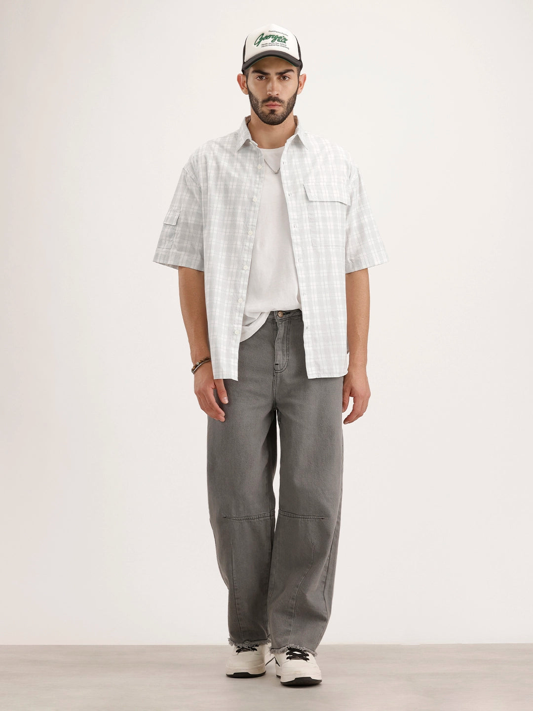 Oversized Fit Checkered Half Sleeve Shirt | White
