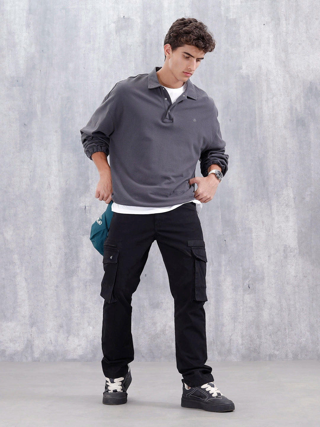 Straight Fit Cotton Twill Utility Trousers With Snap Pockets | Black
