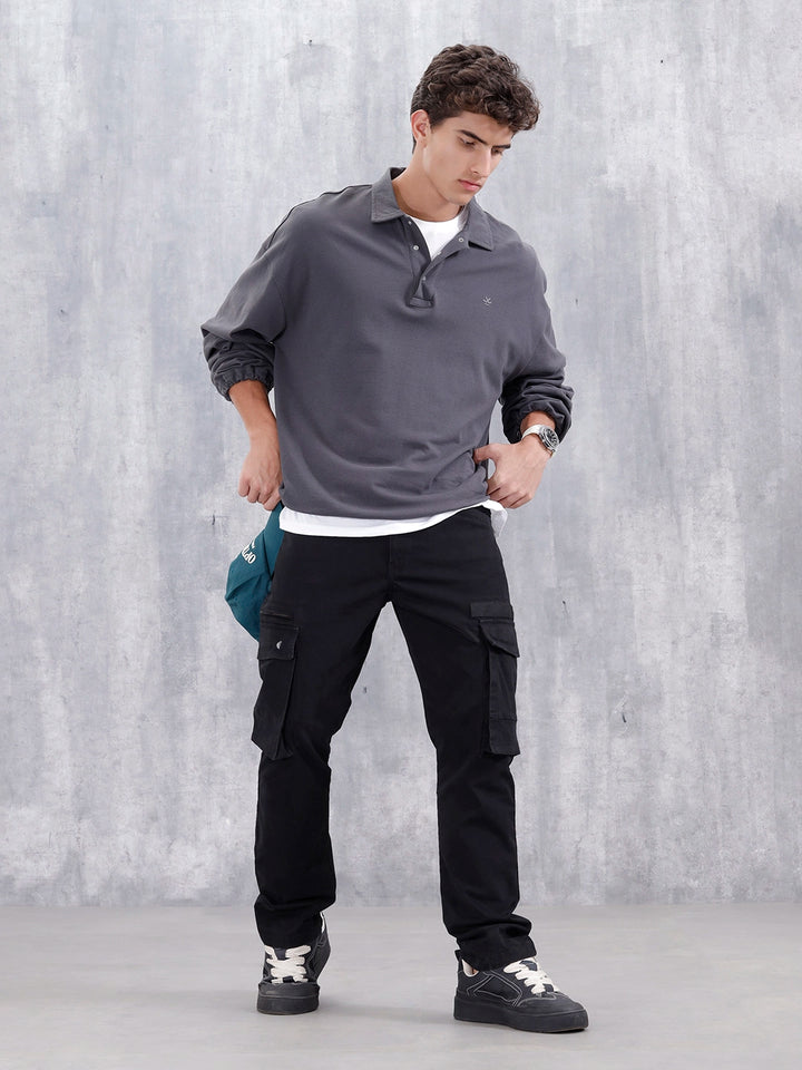 Straight Fit Cotton Twill Utility Trousers With Snap Pockets | Black