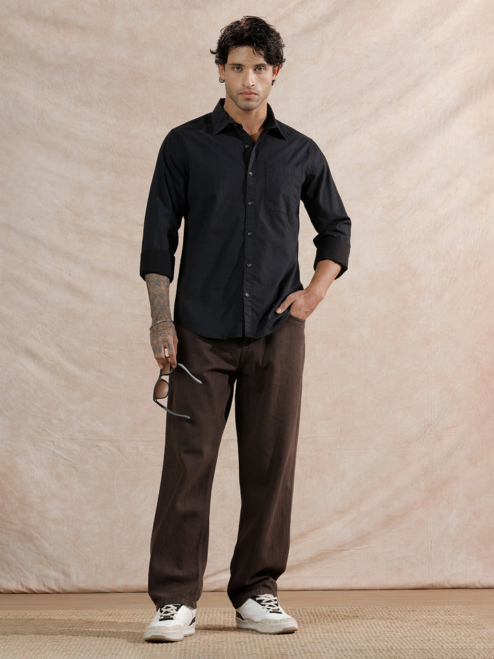 Textured Printed Checks Regular Fit Shirt | Black