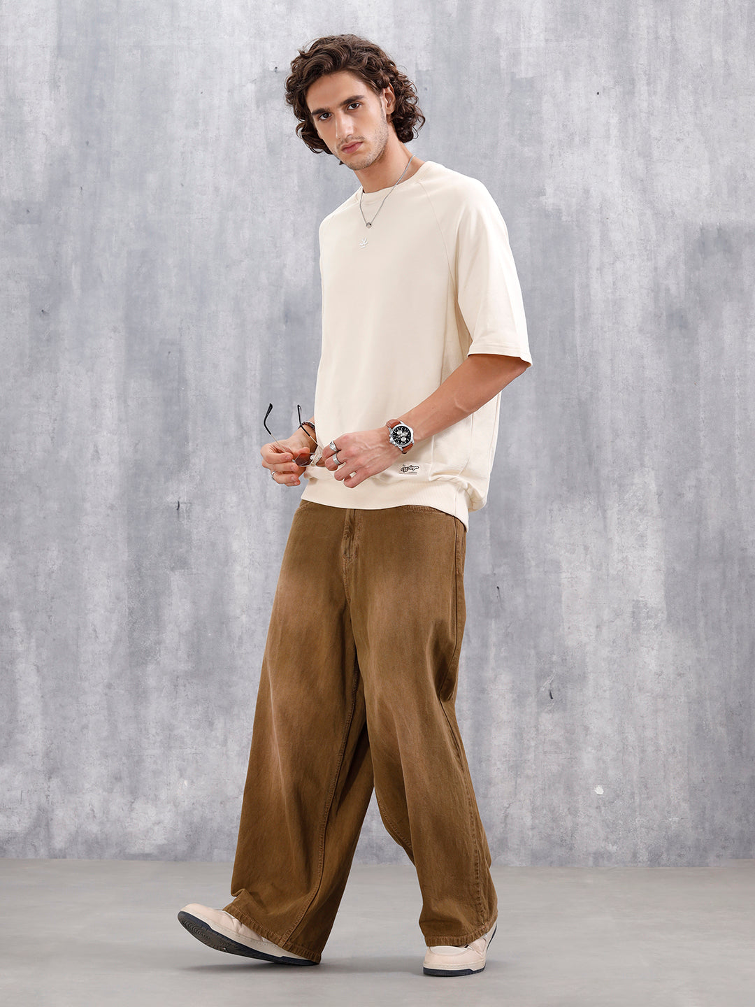 Solid Oversized Crew Neck T-shirt | Beige