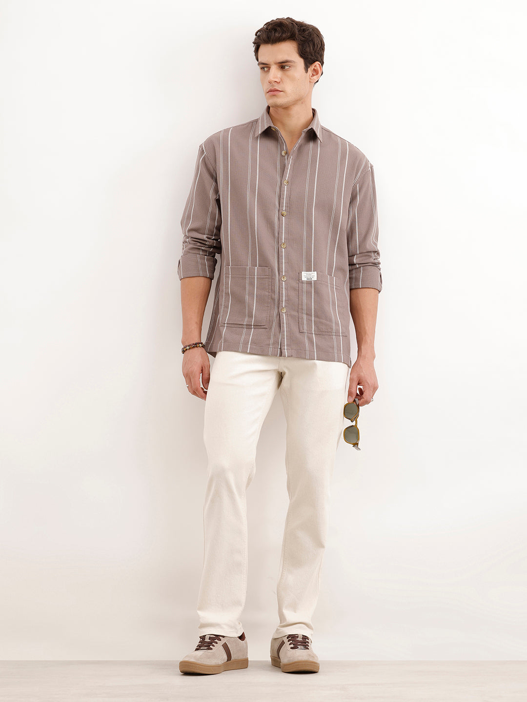 Oversized Fit Striped Double Pocket Shirt  | Brown