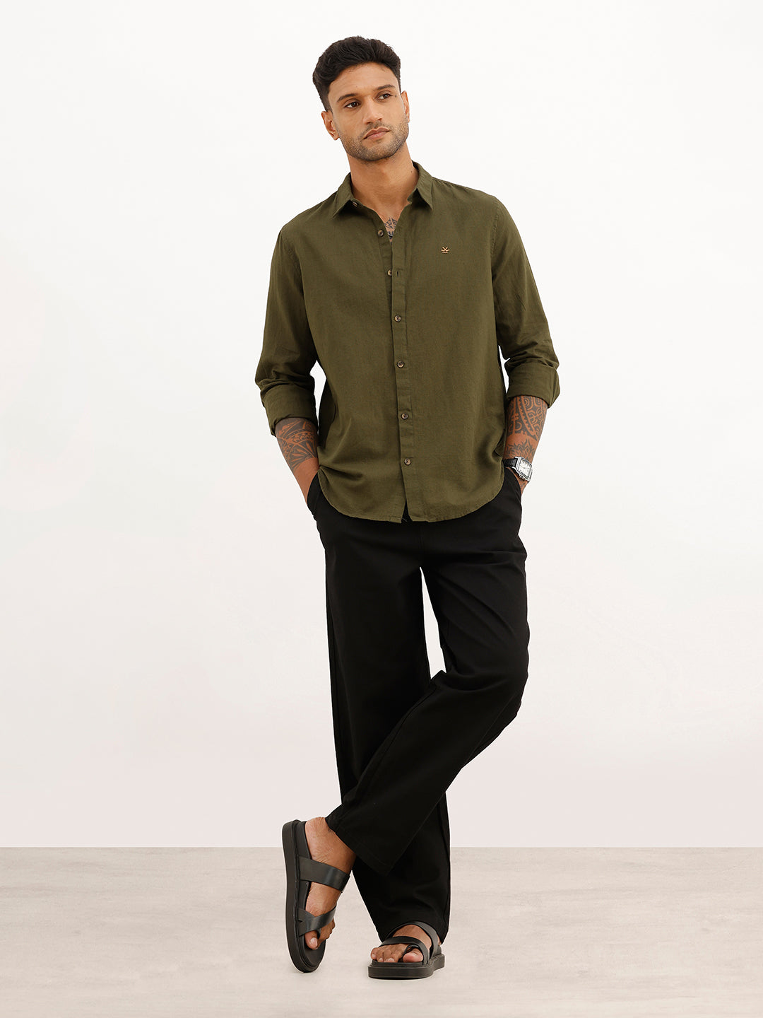 Solid Slim Fit Full Sleeve Shirt | Olive