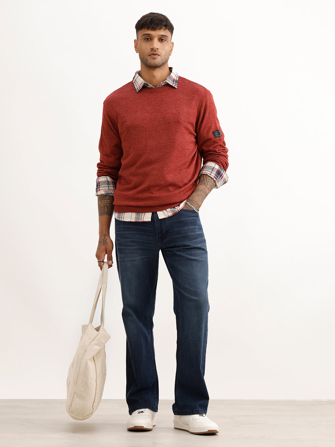 Solid Regular Fit Full Sleeve Sweater | Rust
