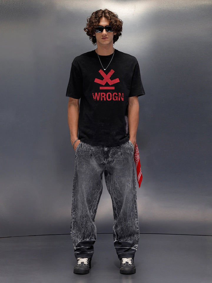 Acid Wash Crew Neck Tee With Chest Logo & Patch Graphic | Black