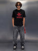Acid Wash Crew Neck Tee With Chest Logo & Patch Graphic | Black