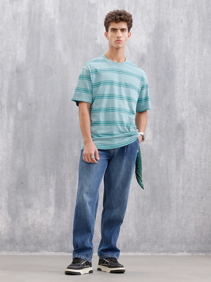 Tonal Printed All Over Striper Tee I Teal