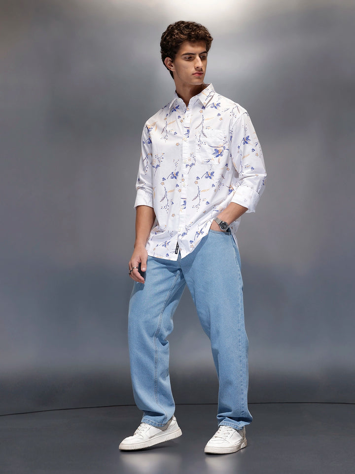 Men's Casual Floral Print Shirt  |  White