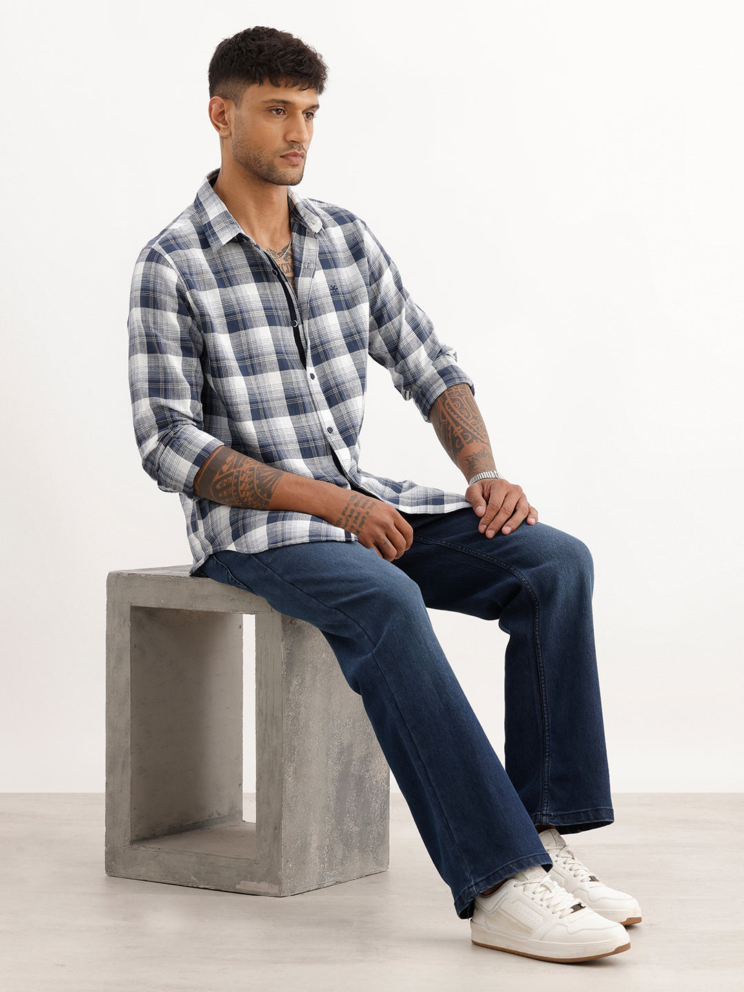 Classic Slim Fit Checkered Shirt | Navy Blue