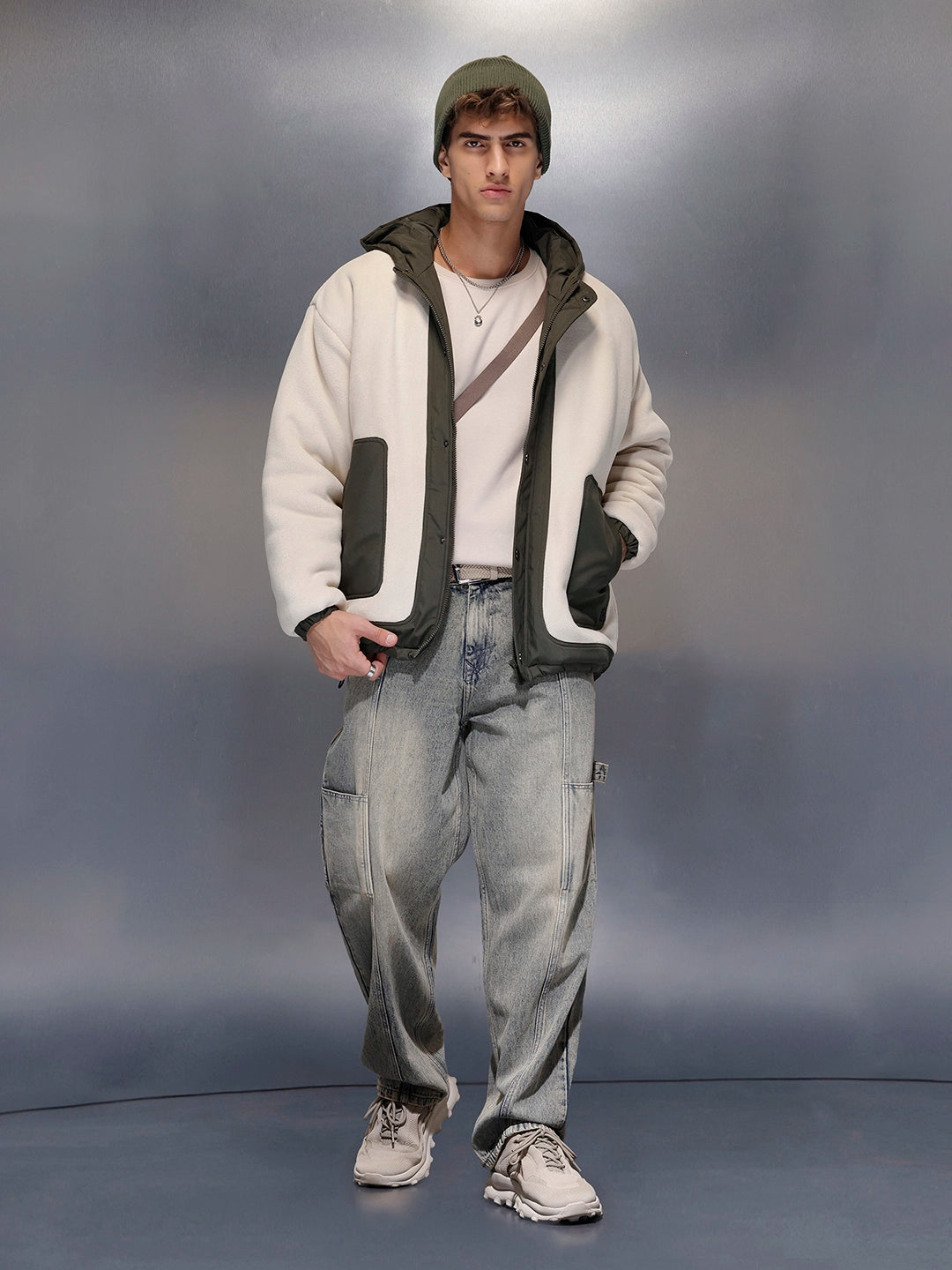 Olive Block Sherpa-Panel Jacket | Beige