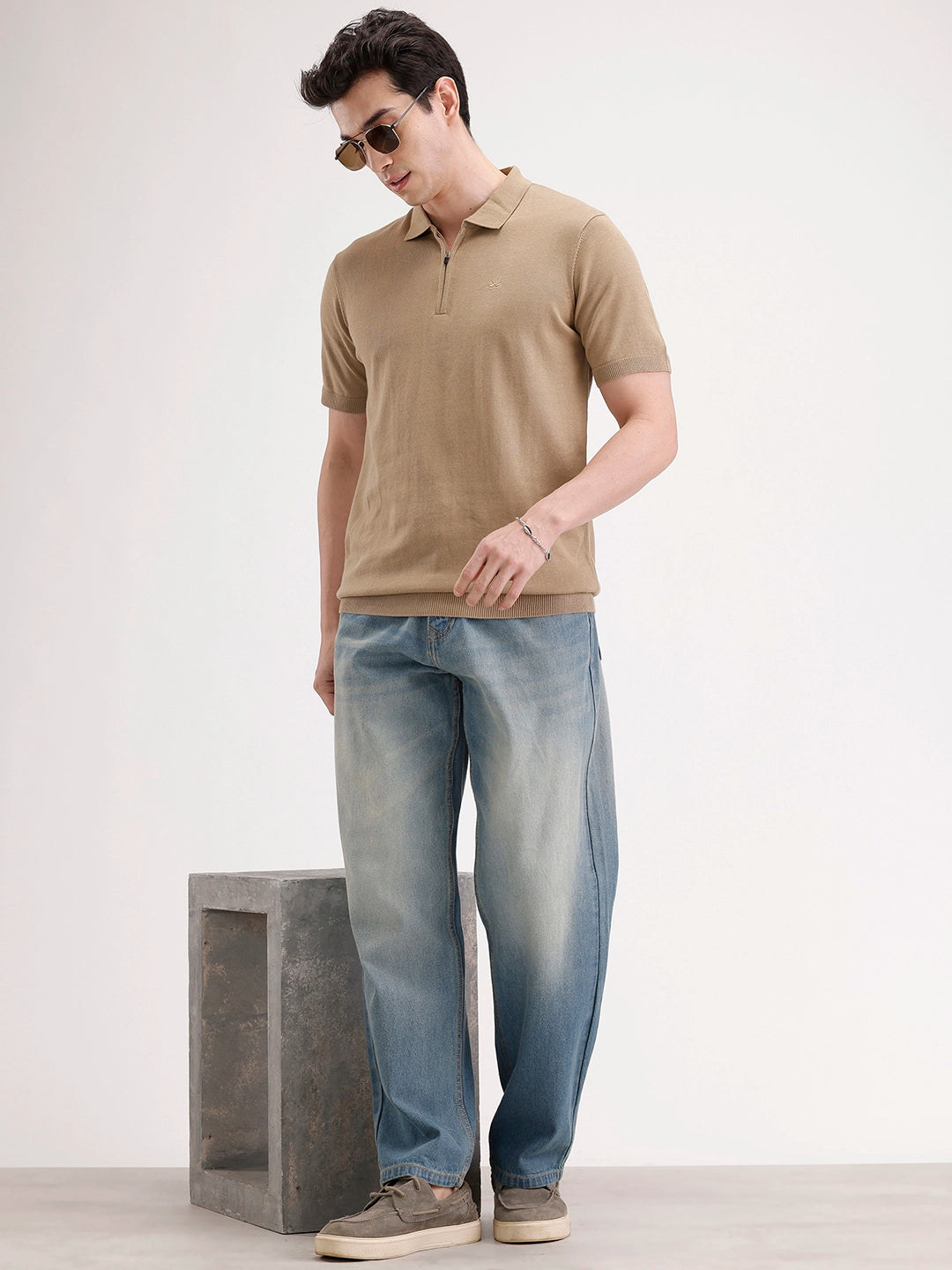 Slim Fit Flat Knit Polo T-Shirt | Khaki