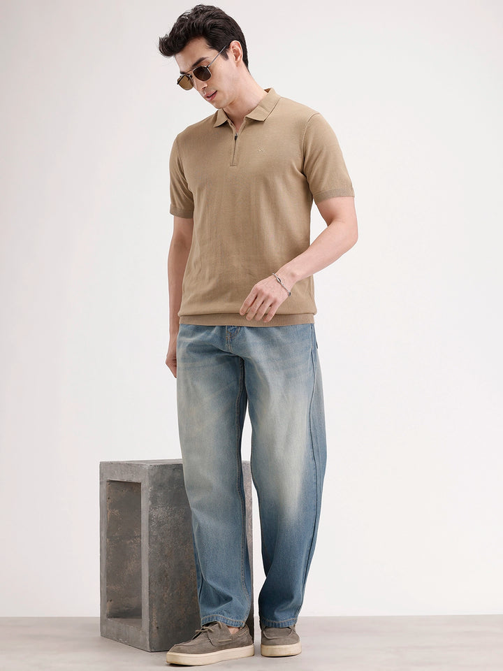 Slim Fit Flat Knit Polo T-Shirt | Khaki