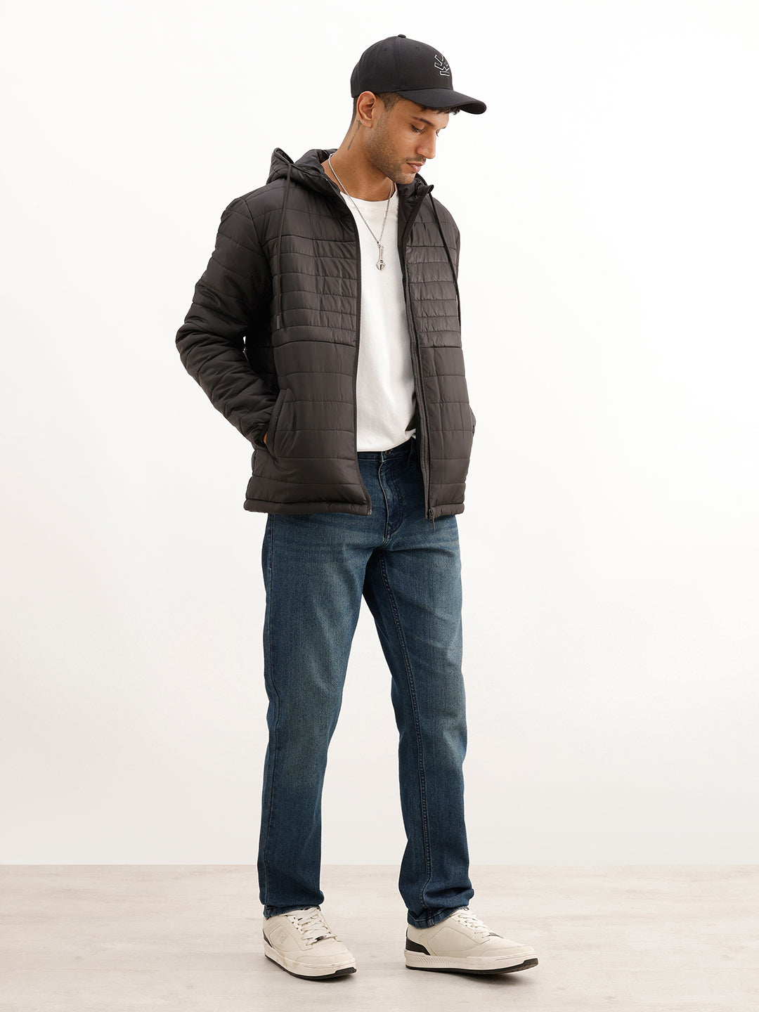 Solid Regular Fit Puffer Hooded Jacket | Black