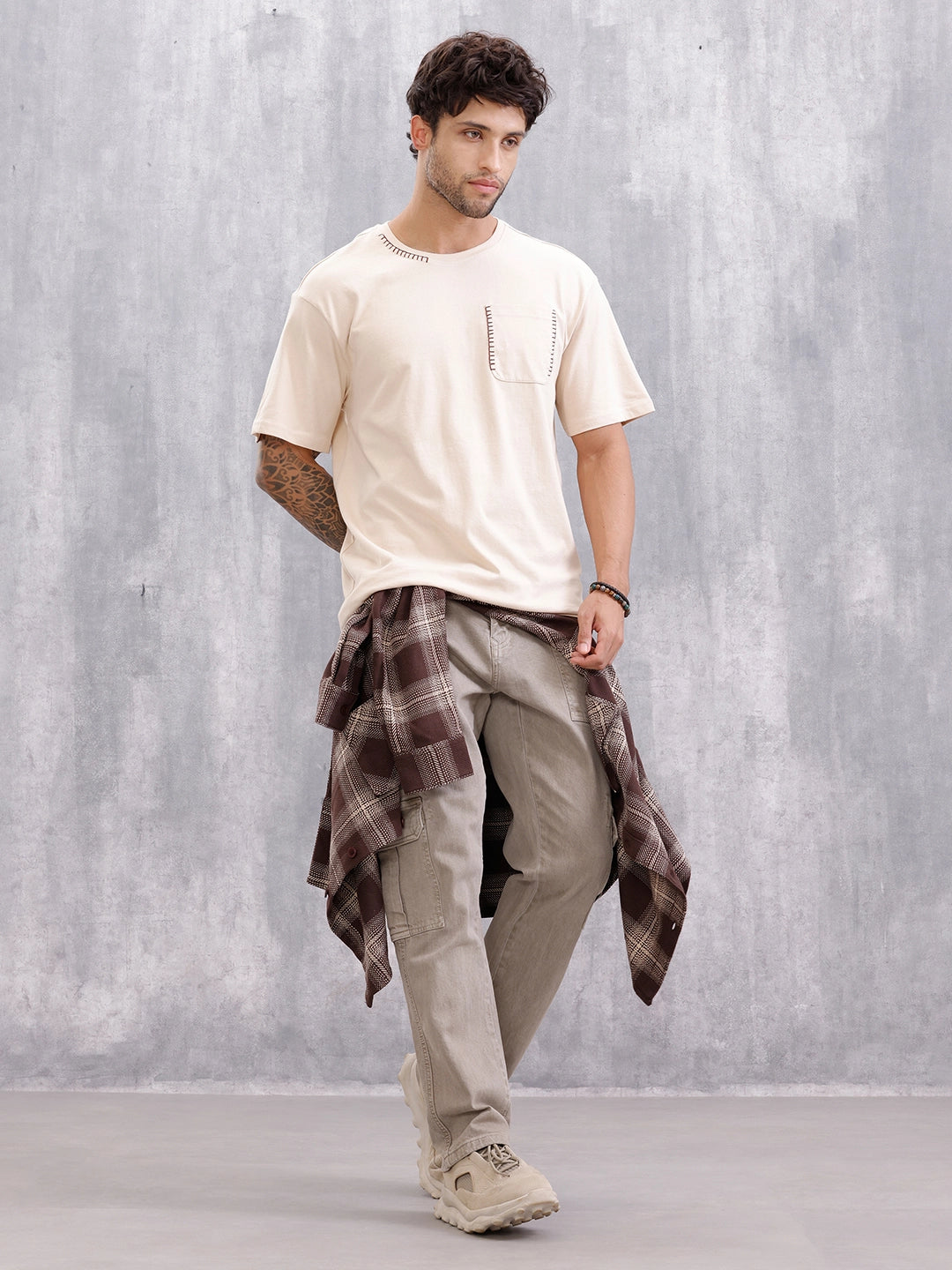 Oversized Fit T-Shirt With Thread Detail And Patch Pocket | Beige