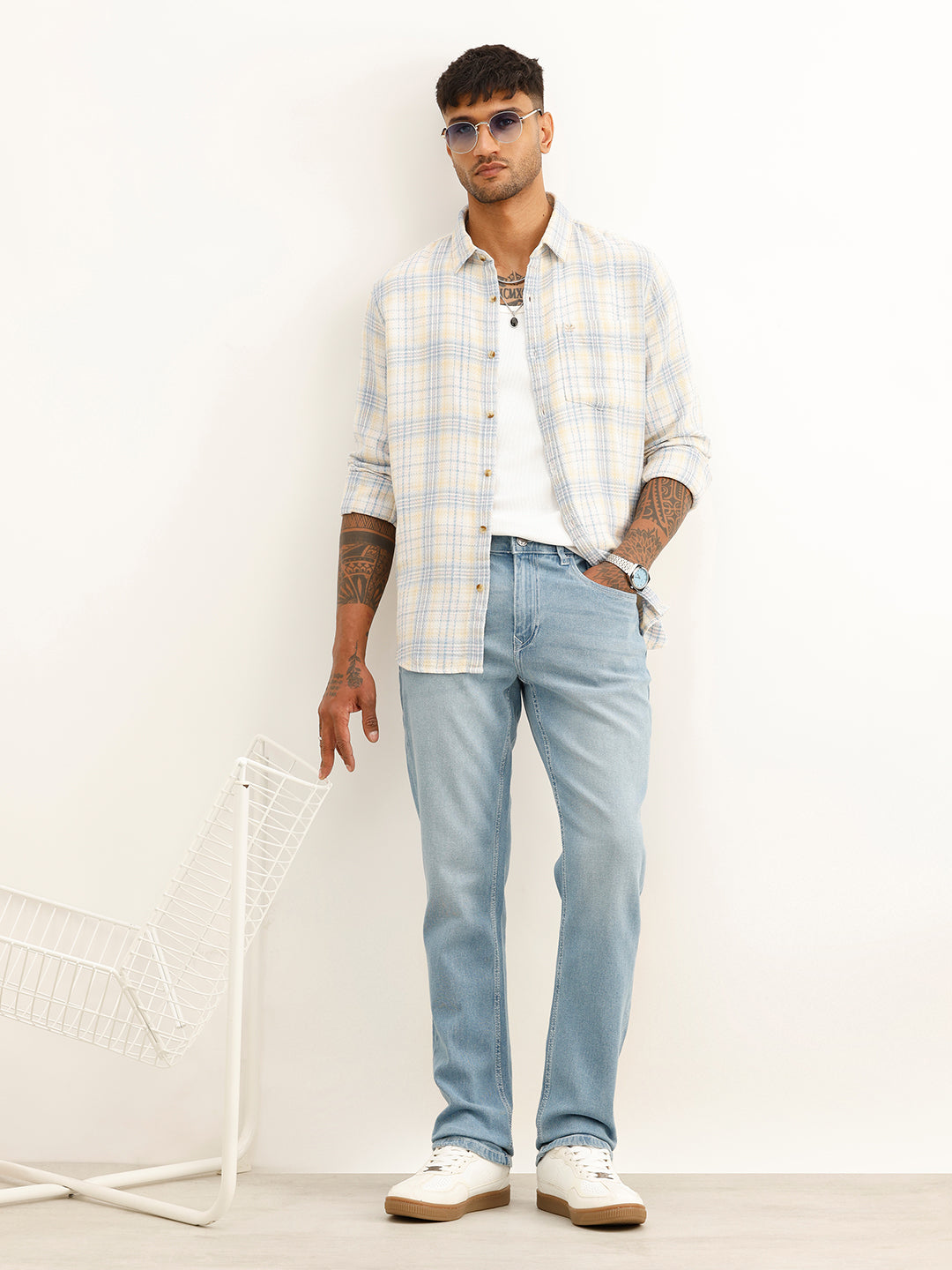 Slim Fit Checkered Full Sleeve Shirt | Beige