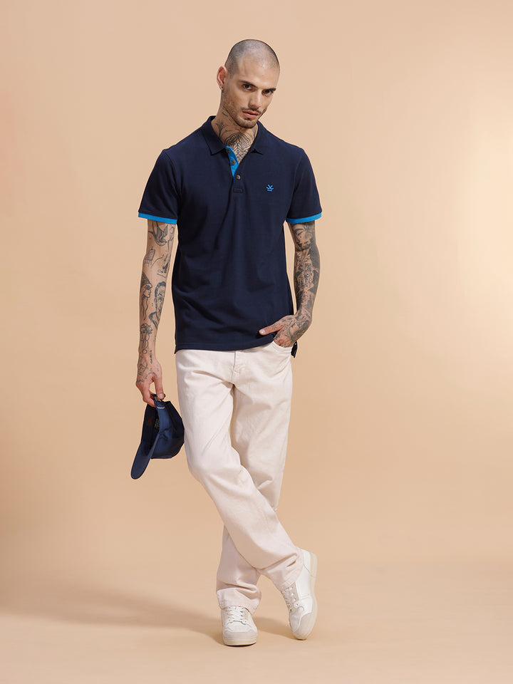Contrast Rib Pique Polo T-Shirt  | Navy Blue