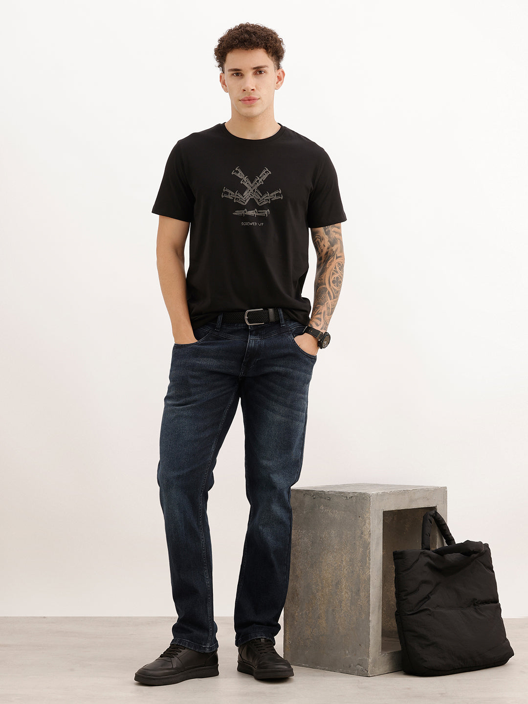 Slim Fit Placement Flock Printed T-Shirt | Black | WTS02HSSL1068S