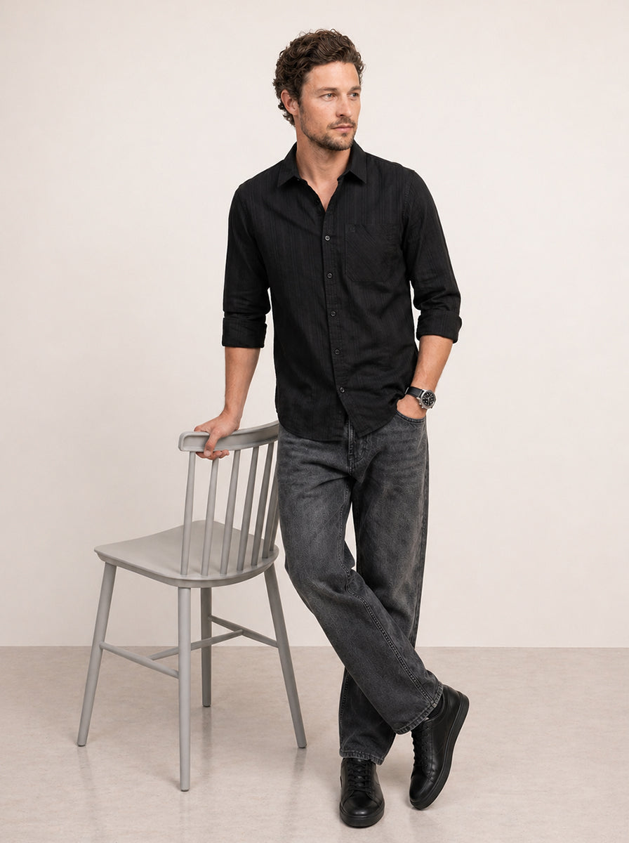 Textured Slim Fit Full Sleeves Shirt | Black