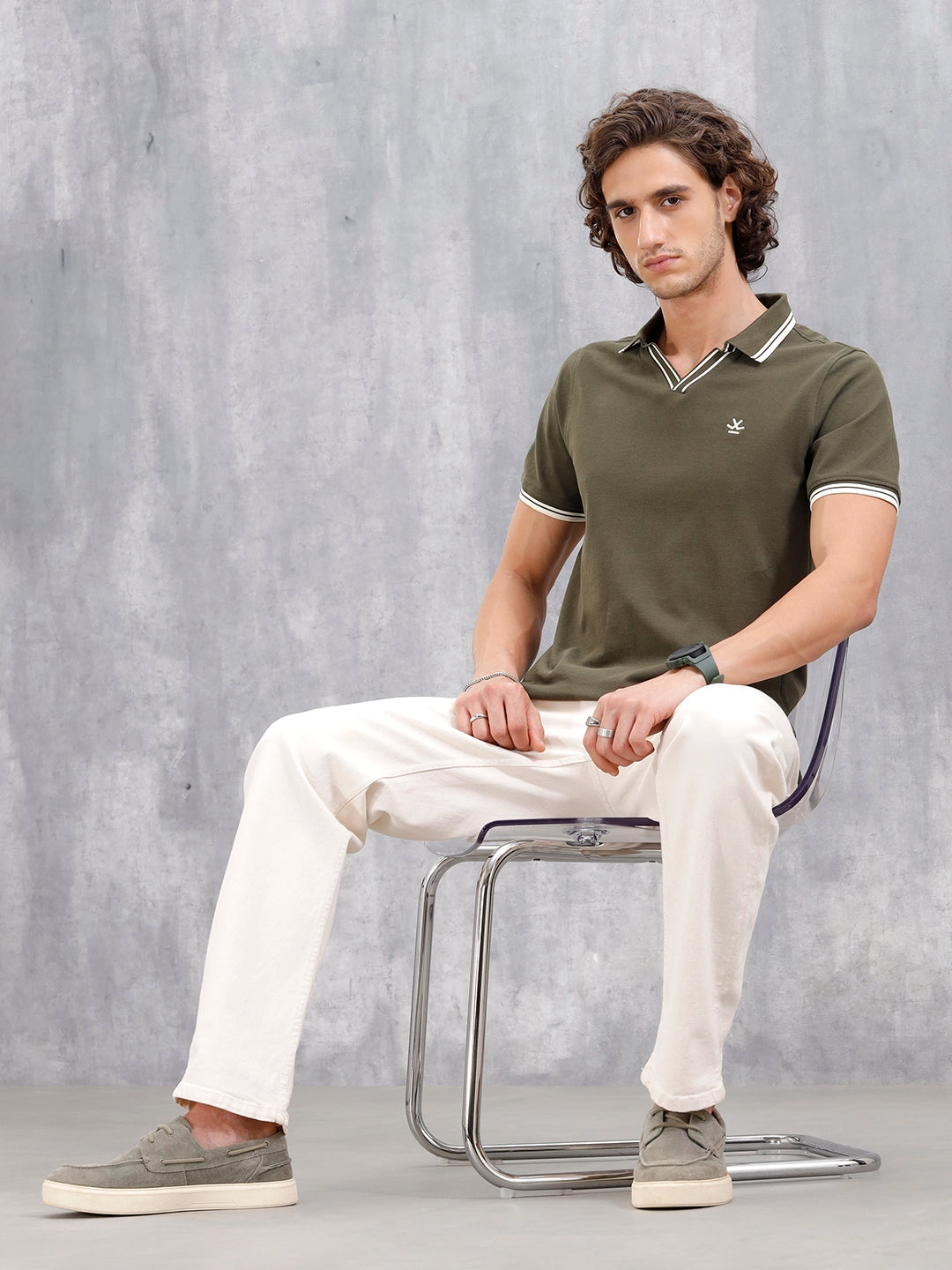 Contrast Tipped Johnny Collar Slim Fit Polo | Olive