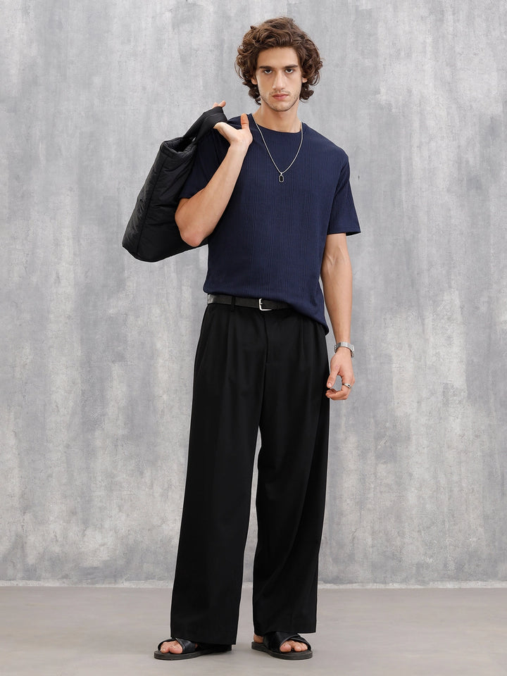 Honeycomb Textured Knit Crew Neck Pullover In Oversized Fit | Navy Blue