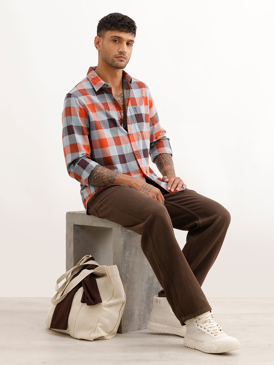 Regular Fit Full Sleeve Checkered Shirt | Grey